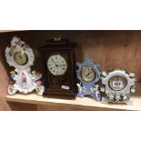 MODERN MANTLE CLOCK BY KNIGHT & GIBBONS, LONDON & 2 PORCELAIN & 1 WEDGWOOD STYLE CLOCKS