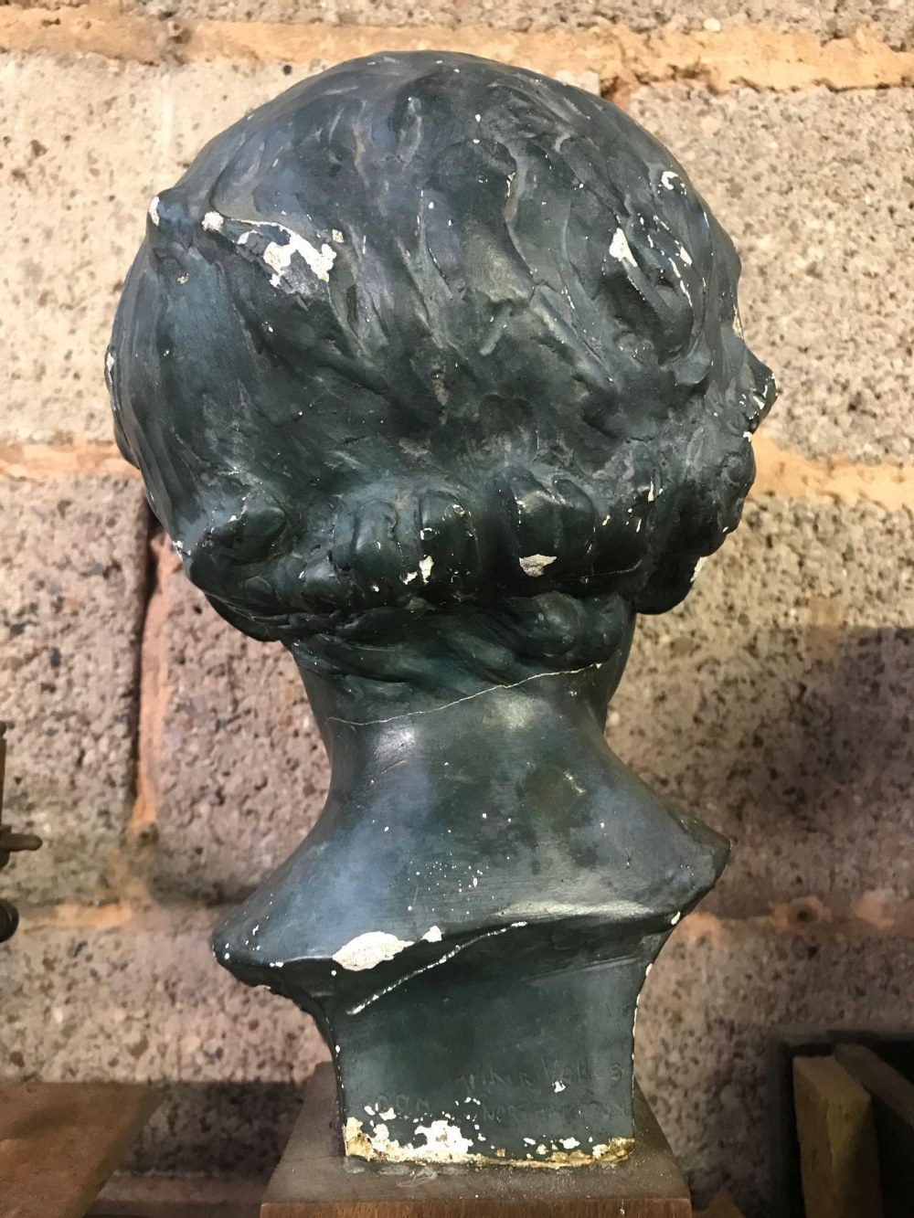 BUST OF A CHILD ON A WOOD BLOCK PLINTH, HEAD RE-ATTACHED A/F - Image 3 of 4