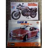 4 BOXED MODEL KITS, SUZUKI GS X 1100S, BMW M ROADSTER 1996 METAL KIT, LOCOMOTIVE BR50 & AN AIR FIX