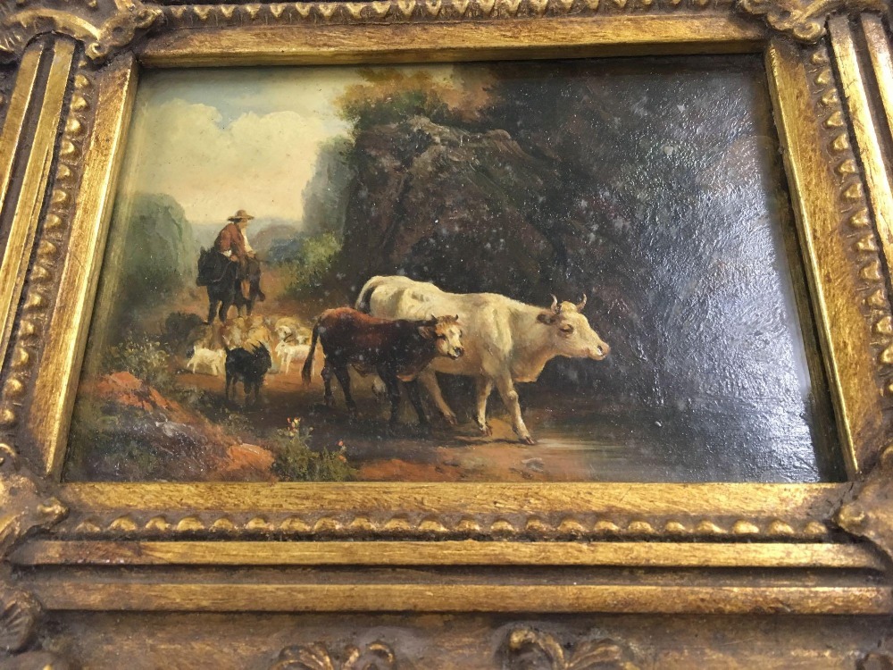 FINE QUALITY OIL PAINTING ON PANEL OF A DROVER ON HORSEBACK DRIVING CATTLE & GOATS IN A LANDSCAPE, - Image 2 of 4