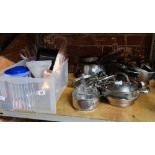 QTY OF STAINLESS STEEL SAUCEPANS ETC, FISH JELLY MOULD, FUNNELS & OTHER KITCHEN ITEMS