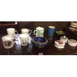 SHELF OF COMMEMORATIVE MUGS, PIN DISHES ETC & A CLOISONNE ENAMEL BOWL