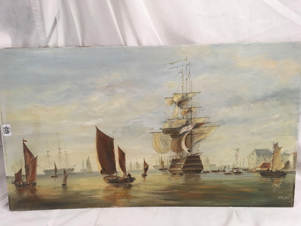 PAINTING OF SHIPS ON A BOARD & A PAINTING OF LANDSCAPE SCENE WITH RIVER ON BOARD - Image 2 of 6