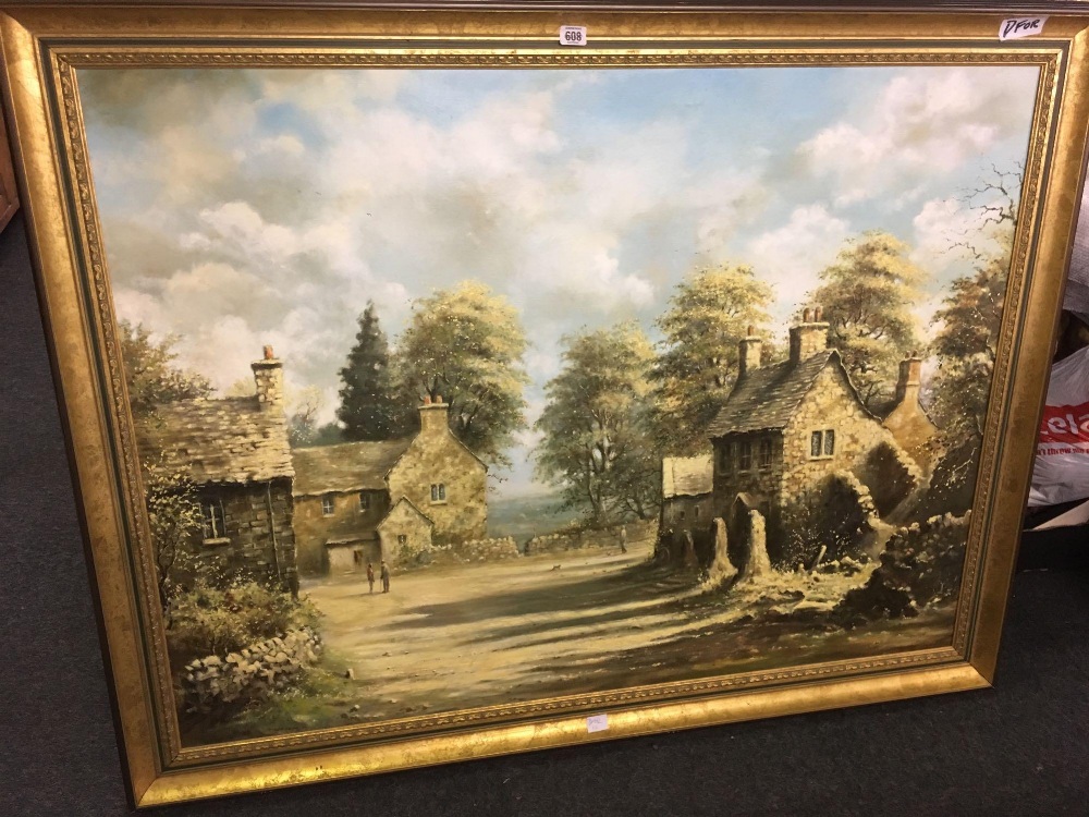 LARGE GILT FRAMED OIL ON CANVAS BY JAMES PRESTON 1973 'A DERBYSHIRE VILLAGE' 48'' X 36''