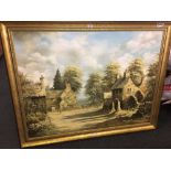 LARGE GILT FRAMED OIL ON CANVAS BY JAMES PRESTON 1973 'A DERBYSHIRE VILLAGE' 48'' X 36''