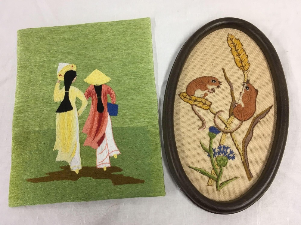 UNFRAMED ORIENTAL SILK THREAD PICTURE OF 2 GIRLS TOGETHER WITH AN OVAL WOOL-WORK OF HARVEST MICE