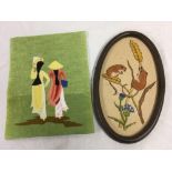 UNFRAMED ORIENTAL SILK THREAD PICTURE OF 2 GIRLS TOGETHER WITH AN OVAL WOOL-WORK OF HARVEST MICE