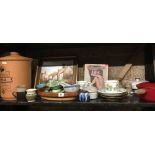 SHELF WITH A N0. 18 LE CREUSET SAUCEPAN WITH LID, A TERRACOTTA FROM TUSCANY BREAD BARREL & MISC