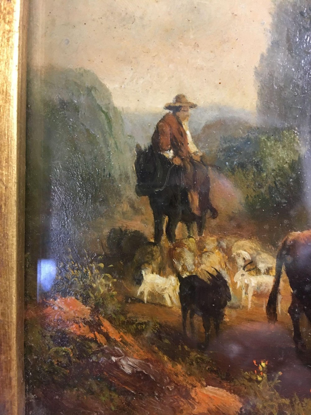 FINE QUALITY OIL PAINTING ON PANEL OF A DROVER ON HORSEBACK DRIVING CATTLE & GOATS IN A LANDSCAPE, - Image 3 of 4