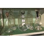 SHELF WITH 3 MATCHING GLASS DECANTERS, 2 CLARET JUGS ETC