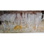 SHELF WITH OPAQUE DRINKING GLASSES & JUG & VARIOUS OTHER GLASS