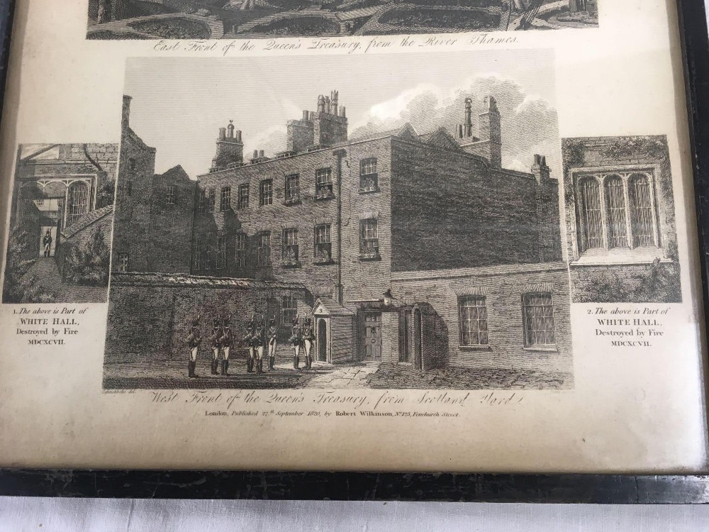 AN ANTIQUE ENGRAVING SHOWING THE EAST AND WEST FRONTS OF THE QUEENS TREASURY FROM THE RIVER THAMES - Image 3 of 3