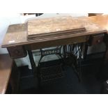 VINTAGE SINGER TREADLE SEWING MACHINE IN CABINET, RUSTY BUT UNUSUAL DESIGN