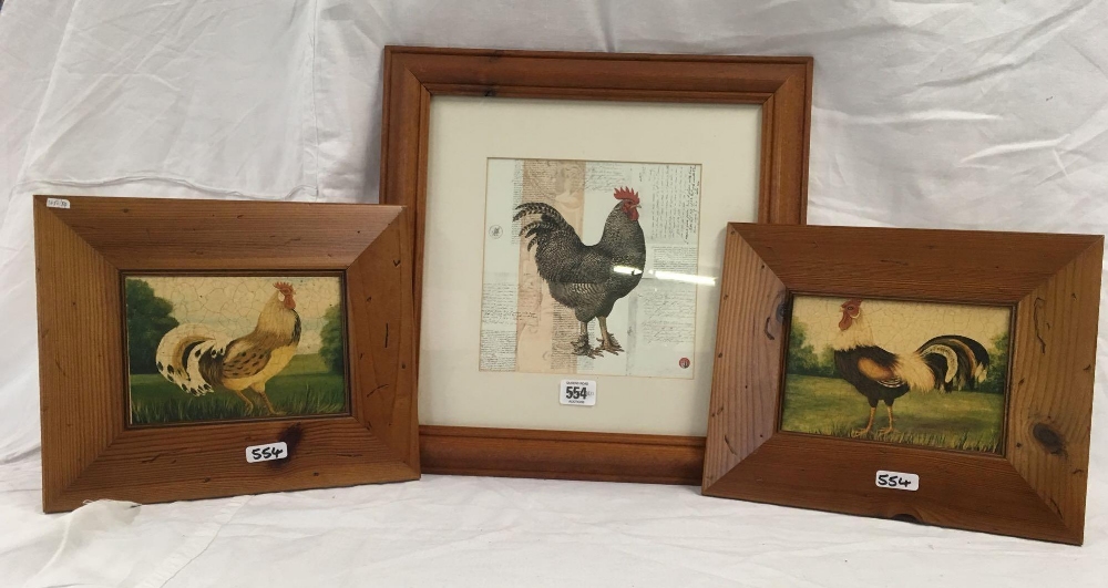 PAIR OF PINE FRAMED PORTRAITS OF RARE BREED COCKERELS TOGETHER WITH A LARGER PICTURE OF A COCKEREL