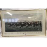 LARGE 19TH CENTURY COLOURED HORSE RACING ENGRAVING ''FIRST PAST THE POST'' 1888