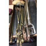 QTY OF BRASS FIRESIDE TOOLS, A COPY SWORD, SHOOTING STICK & BRASS STAIR RODS