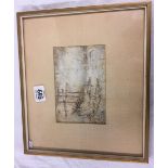 WATERCOLOUR OF A MOORED SAILING SHIP AND OTHER VESSELS AND FIGURES IN HARBOUR SCENE SIGNED EVERT