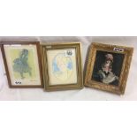 3 MINIATURE PICTURES; ONE A WATERCOLOUR PORTRAIT OF A LADY WITH BLONDE HAIR, TOGETHER WITH A FIGURAL