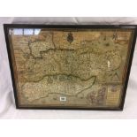 ANTIQUE MAP PRINT, WITH HAND COLOURING AND GILDING, OF KENT & SUSSEX WITH PARTS OF OTHER COUNTIES