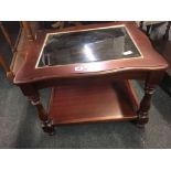 MAHOGANY GLASS TOPPED COFFEE TABLE WITH SHELF UNDER & TURNED LEGS