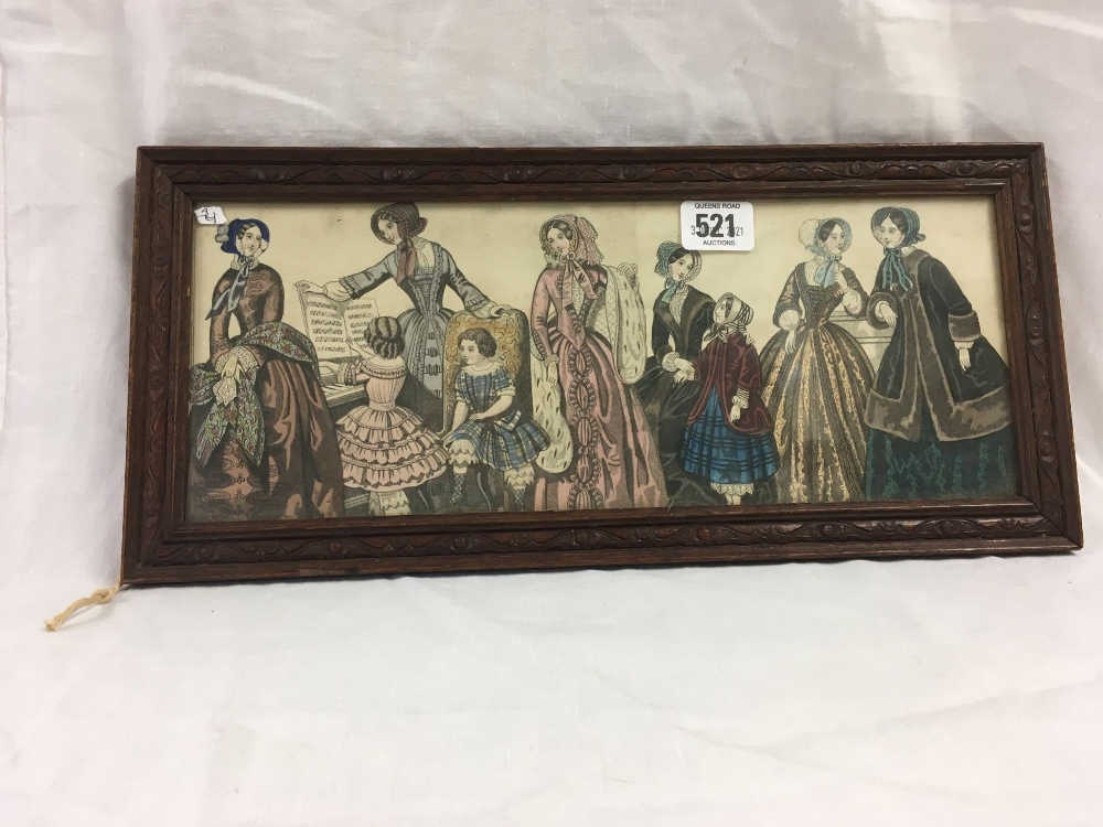3 ASSORTED ANTIQUE COLOURED FASHION ENGRAVINGS, ONE IN DECORATIVE CARVED WOOD FRAME - Image 2 of 4