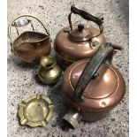 CARTON WITH 2 COPPER KETTLES & OTHER COPPER ITEMS