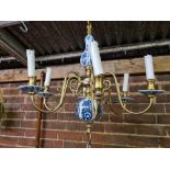 FINE PORCELAIN & BRASS 6 BRANCH HANGING CHANDELIER, POSSIBLY DELFT