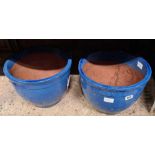 2 EARTHENWARE FLOWER POTS WITH BLUE GLAZE