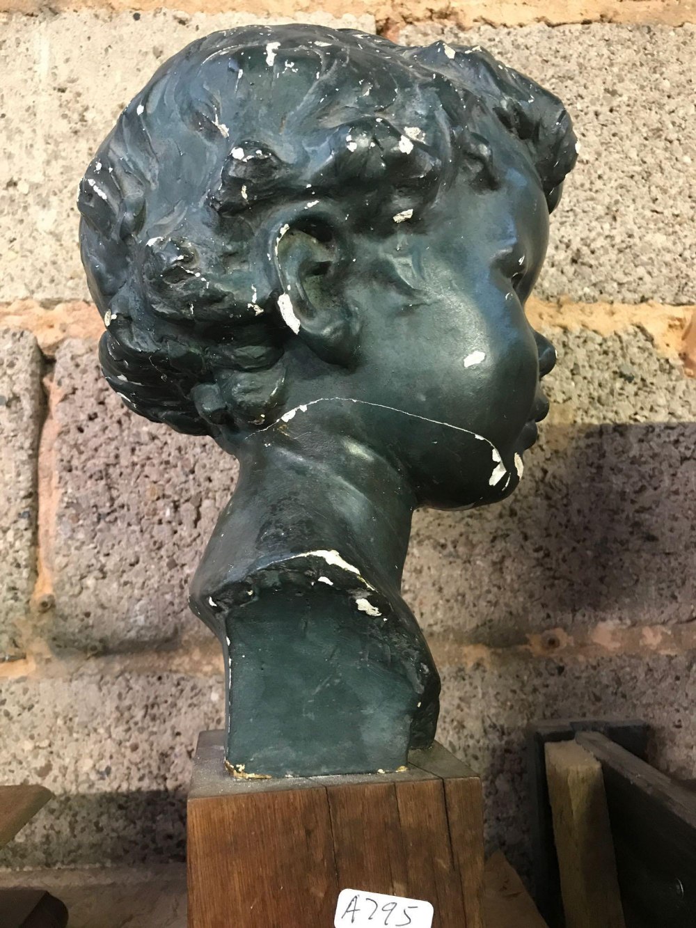 BUST OF A CHILD ON A WOOD BLOCK PLINTH, HEAD RE-ATTACHED A/F - Image 2 of 4