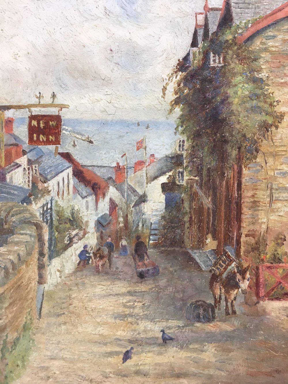 OLD OIL PAINTING ON CANVAS LOOKING DOWN THE MAIN STREET IN CLOVELLY - Image 2 of 3