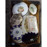 CARTON WITH MISC CHINA PLATES & A CARNIVAL GLASS GOOD LUCK PLATE