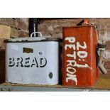 WHITE ENAMEL BREAD BIN, WITH CHIPS & A RED METAL PAINTED PETROL CAN