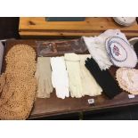 CARTON OF LADIES KID CLOVES, SILK GLOVES, LACE DOILIES ETC