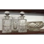 PAIR OF MATCHING CUT GLASS DECANTERS, LARGE CRYSTAL FRUIT BOWL & VASE