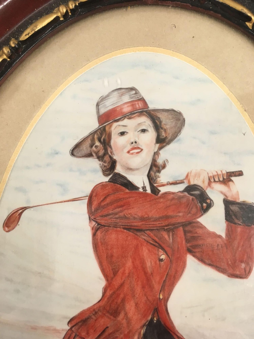 OVAL PORTRAIT MINIATURE OF A LADY GOLFER, INDISTINCTLY SIGNED - Image 2 of 3