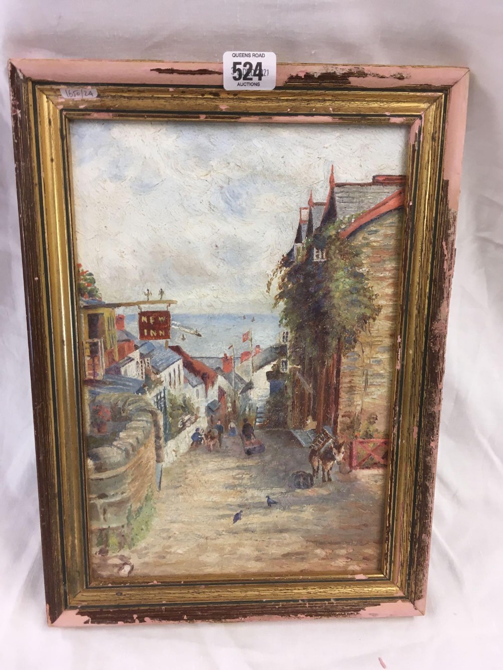 OLD OIL PAINTING ON CANVAS LOOKING DOWN THE MAIN STREET IN CLOVELLY