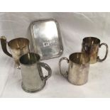 4 X PLATED TANKARDS & SMALL PLATED TRAY