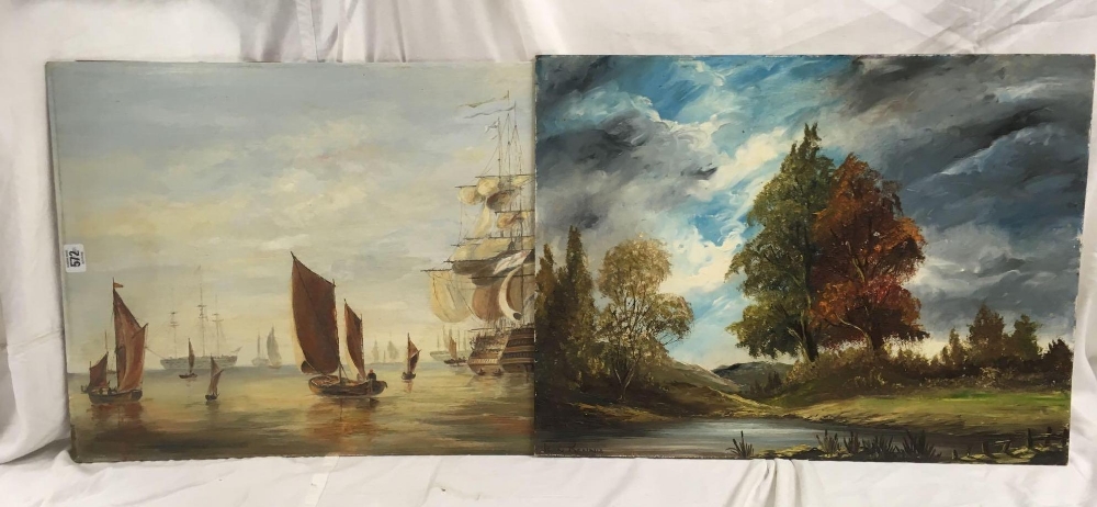 PAINTING OF SHIPS ON A BOARD & A PAINTING OF LANDSCAPE SCENE WITH RIVER ON BOARD