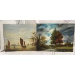 PAINTING OF SHIPS ON A BOARD & A PAINTING OF LANDSCAPE SCENE WITH RIVER ON BOARD