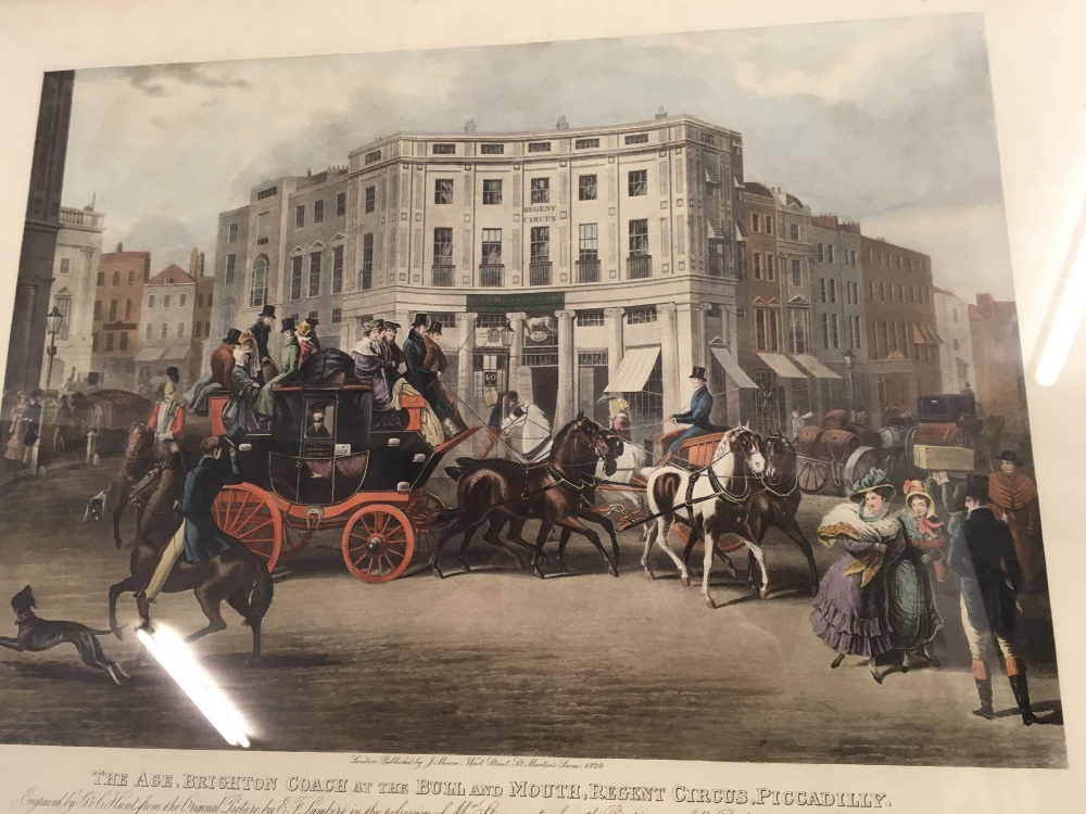 EARLY 19THC COLOURED COACHING ENGRAVING OF THE BRIGHTON COACH AT THE BULL & MOUTH, REGENTS CIRCUS, - Image 2 of 3