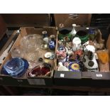 2 CARTONS OF MIXED GLASSWARE, JUGS, VASES, BIRD FIGURINES & BRIC-A-BRAC