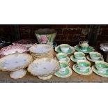 SHELF WITH LIMOGES PLATES & CAKE STANDS, CUPS BY CRESCENT, MASON WARE & A CRESCENT