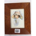 MINIATURE WATERCOLOUR PORTRAIT OF A YOUNG GIRL IN A HAT IN GOOD BIRD'S EYE MAPLE FRAME