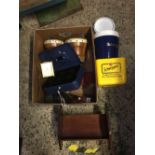 CARTON WITH 1 YELLOW & 1 BLUE SCHWEPPES, ICE BUCKETS, DOUBLE BONGO DRUM, WOODEN BOOK RACK, A BLUE