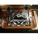 INLAID MAHOGANY TRAY WITH GLASS TOP & BUTTERFLY WING DECORATION, ETCHED GLASS & PLATED CLARET JUG, &