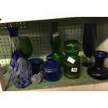 SHELF OF BLUE & GREEN STUDIO GLASSWARE INCL; CUT GLASS DECANTER, VASES ETC