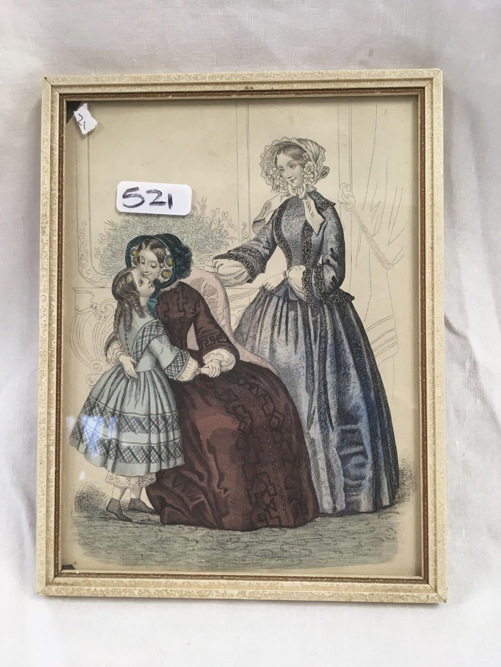 3 ASSORTED ANTIQUE COLOURED FASHION ENGRAVINGS, ONE IN DECORATIVE CARVED WOOD FRAME - Image 3 of 4