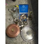 CARTON CONTAINING MISC PLATEDWARE INCL; A CLARET JUG & COPPER FONDUE PAN