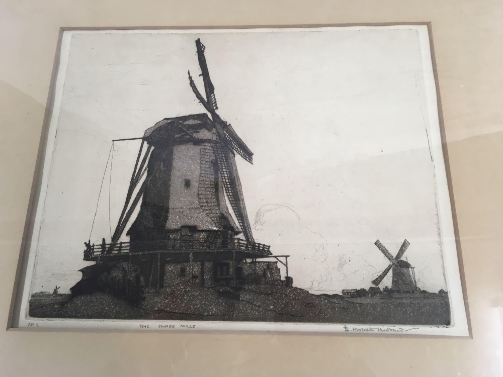 PENCIL SIGNED ETCHING ENTITLED ''THE THREE MILLS'' NUMBERED 2 SIGNED E HESKETH-HUBBARD - Image 2 of 3