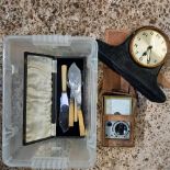 POST OFFICE MULTI RANGE METER, WOOD CASED CLOCK & FISH SERVING SET